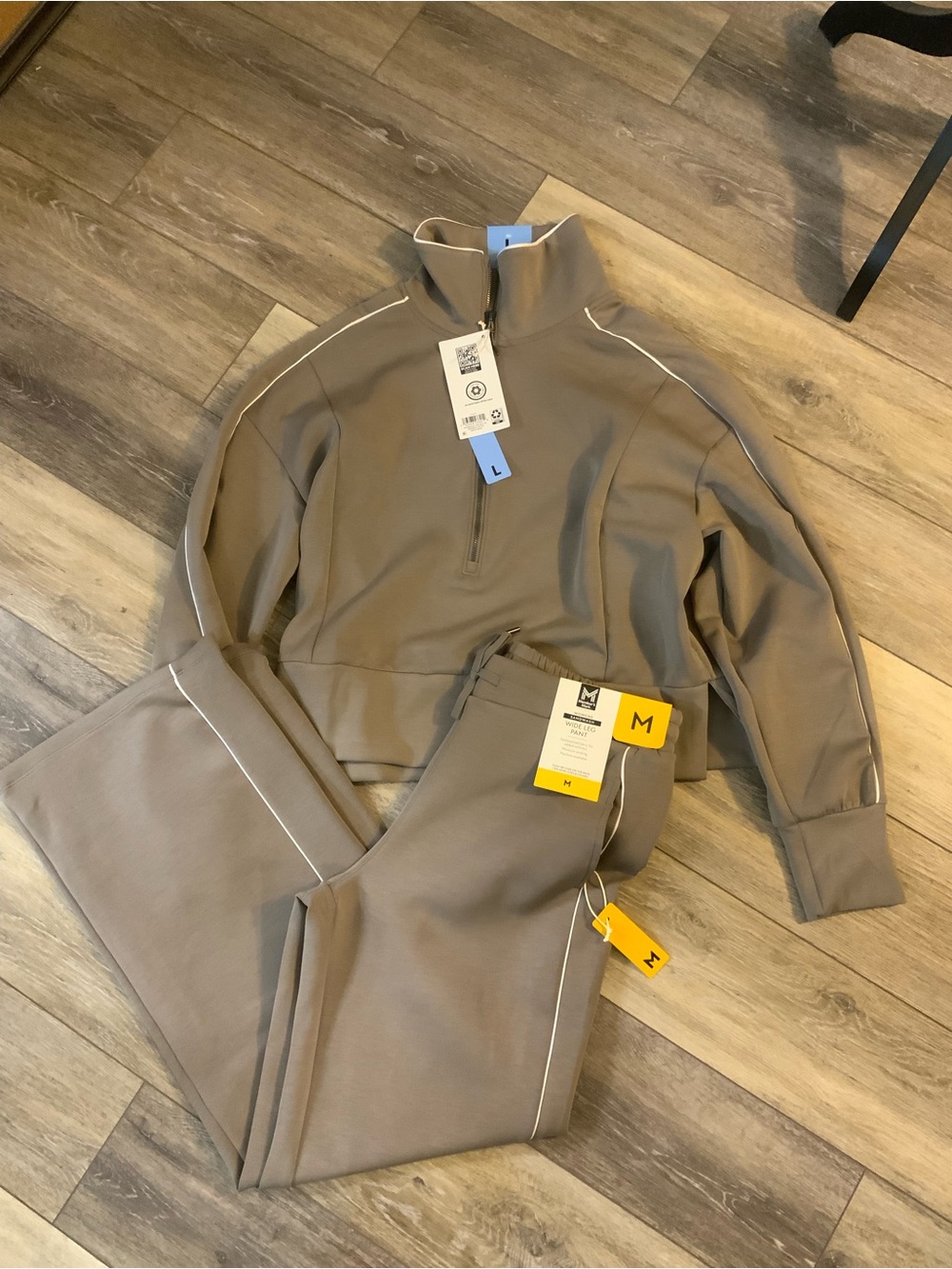 Wide Leg Sweatpants in Taupe with Contrast Piping - Women